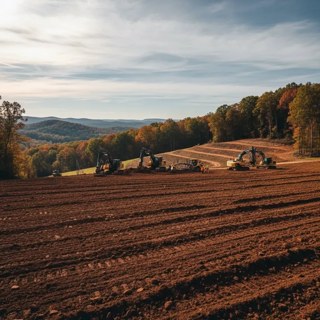 Plowed field at sunset with autumn trees and rolling hills under a cloudy sky