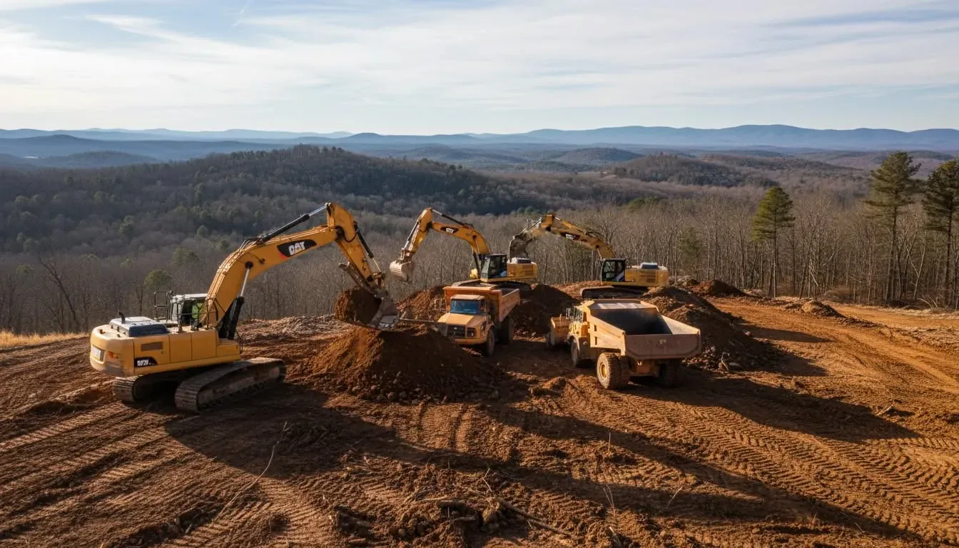 Two excavators and dump trucks on a dirt clearing with mountains in the background