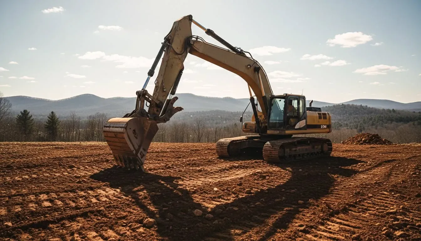 Excavator leveling a plowed field with mountains in the background under a clear sky