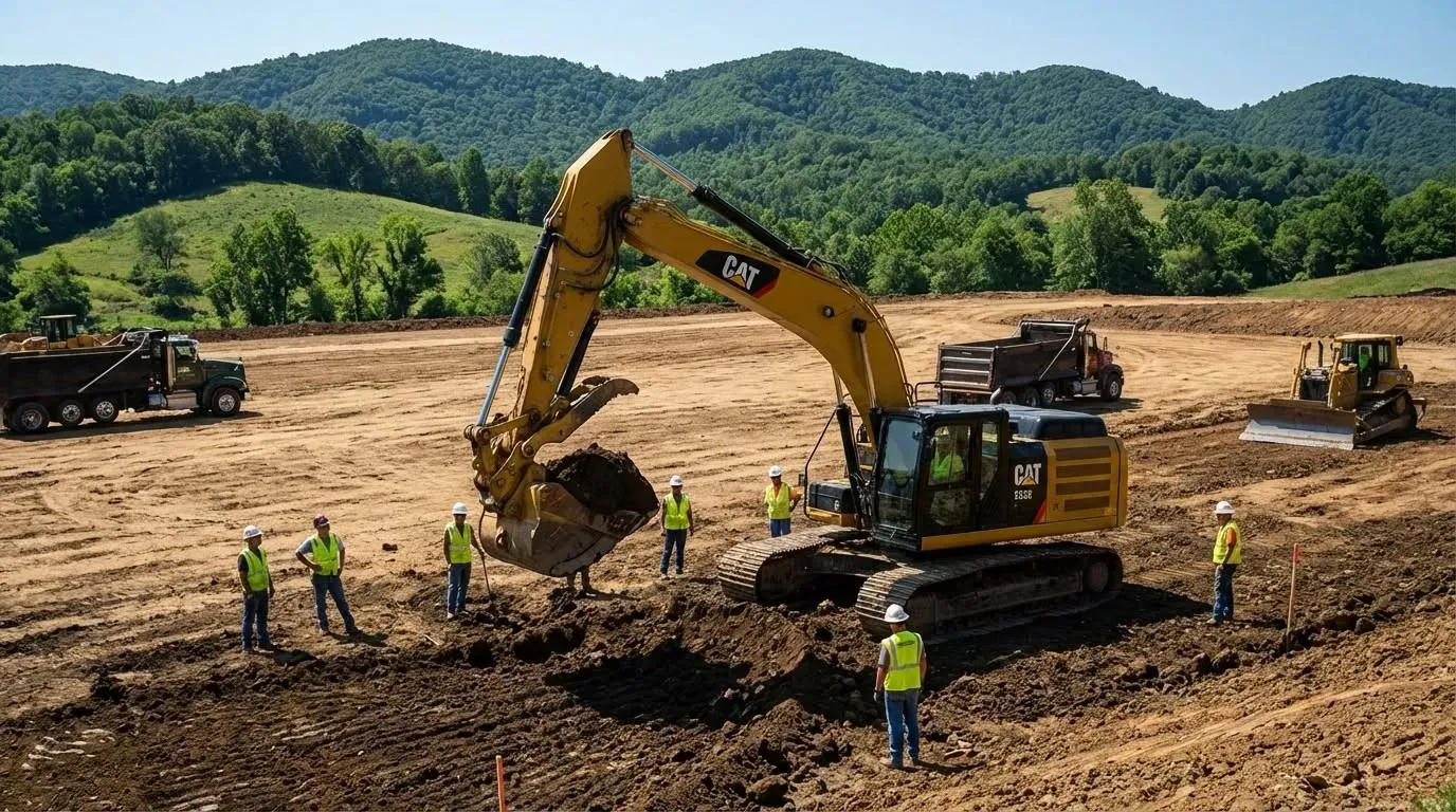 Construction crew with excavator working on a dirt site, with green hills in the background.