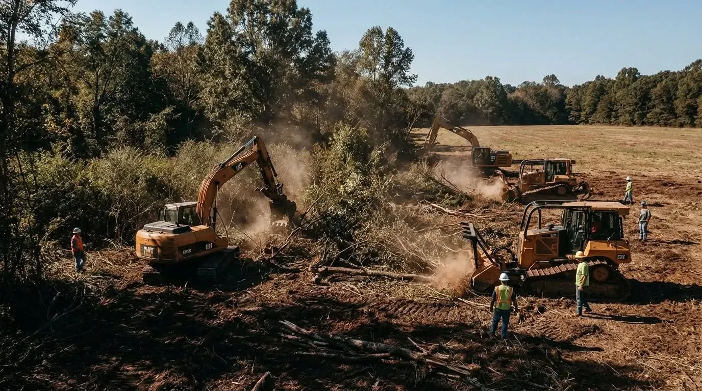 Two excavators clearing brush in a wooded field, kicking up dust, with workers nearby