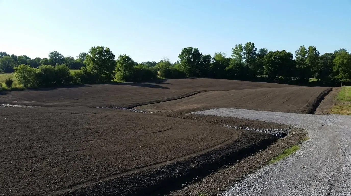 Freshly plowed field beside a gravel road under a clear blue sky, with trees in the distance