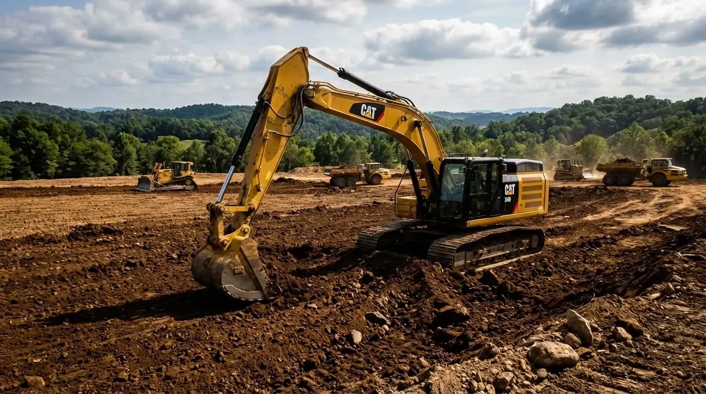 Yellow excavator digging in a muddy construction site under a cloudy sky