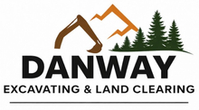 DANWAY Excavating & Land Clearing logo with excavator, mountains, and pine trees in brown, orange, and black