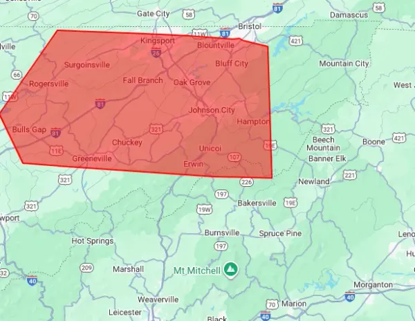 Red shaded polygon marking a region on a map around East City and nearby towns, with roads and labels visible