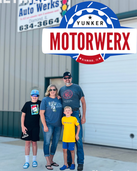 Family in front of Yunker Motorwerx auto shop | Yunker Motorwerx