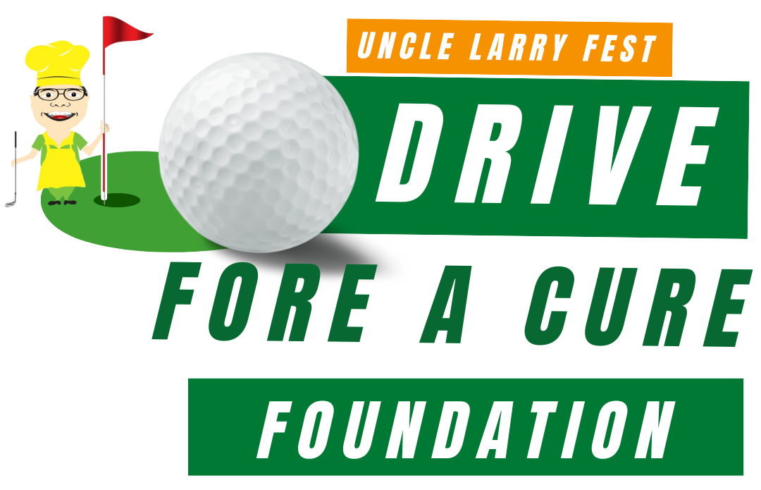 A logo for uncle larry fest with a man holding a golf club and a golf ball
