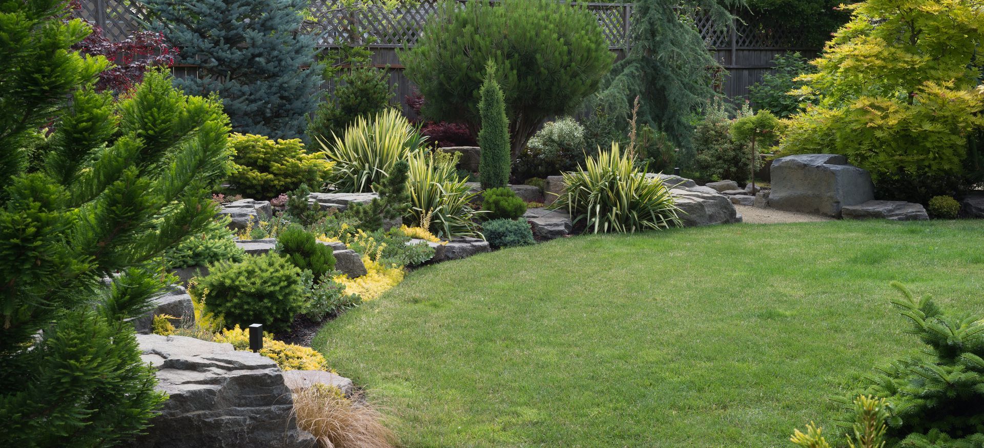 A lush green garden with various trees, bushes, and a lawn.