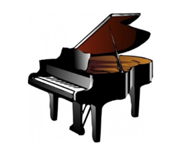 A black grand piano with the lid open on a white background