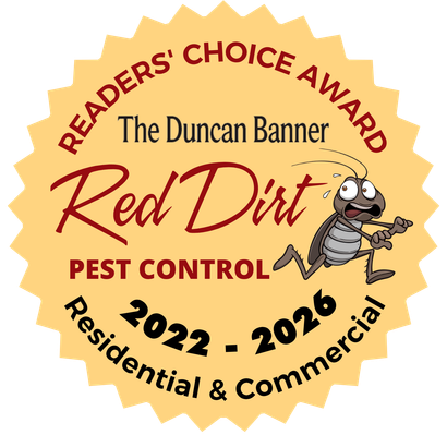 Award seal for Red Dirt Pest Control, showing a scared cartoon cockroach, listing 2022 and 2023 Duncan Banner winners.