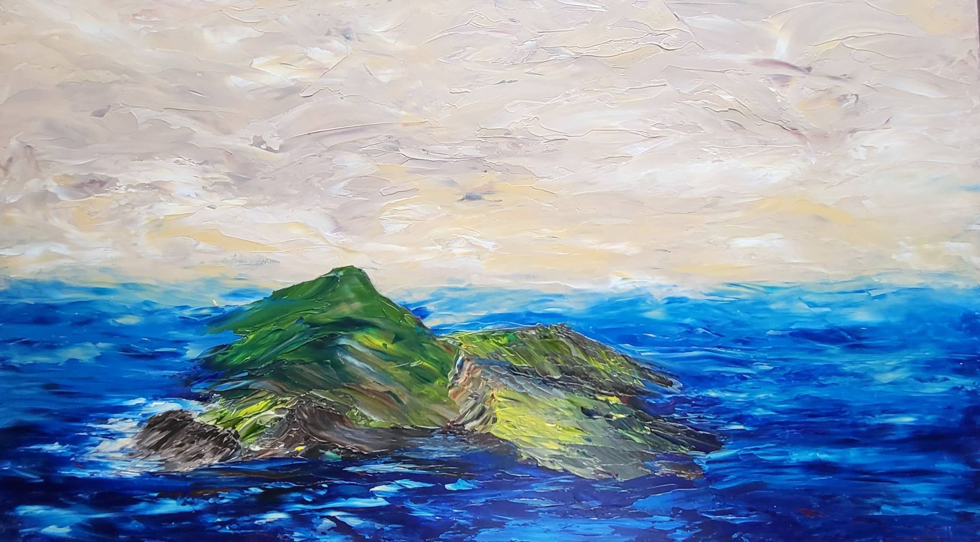 An island rises alone in open water, green against blue, holding its ground against the sea. I build the rock in thick, deliberate strokes of the palette knife until the surface carries real weight, the way stone does, while the water moves around it in restless strokes that never quite disturb its stillness.
Part of my Ataraxia body of work, this piece continues a line of thinking I have returned to for years: the island as a place of peace, somewhere to rest the mind. Not to fill it. At this scale, it suits a collector building an intimate wall grouping, or looking for a quiet, self-contained piece for a smaller space.
