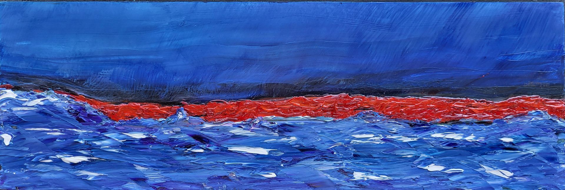 Verdant Drift
(2017 — Acrylic with knives on black-gessoed canvas board, 9 x 3 in.)
I created this miniature during a stretch in 2017 when I was experimenting with interference acrylics over a deep black ground. Working with knives forced me into a kind of immediacy—no hesitations, no second-guessing. Just movement, light, and instinct.
What I love about these black-ground pieces is the way the colour almost behaves like a signal. It glows, disappears, then reappears as you move past it. Back when I released the full group of thirty, most of them were bought by younger collectors—people who loved bold contemporary work and who already lived with black paintings on their walls. Several told me they were giving these minis as gifts, small gestures of meaning during the holiday season.
I think that’s part of the magic of miniatures. They’re intimate. They feel like a moment someone can hold in their hand before placing it into their home. Even now, seven years later, this piece reminds me of how much I enjoy stepping outside my usual language and letting experimentation guide me. 
It comes with a miniature easel
