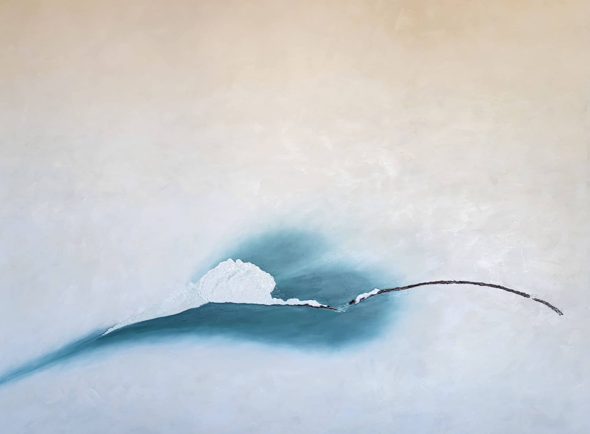 As you considQuiet Interval belongs to a body of work preoccupied with stillness, structure, and the philosophy of Ipseity — the essential, irreducible presence of a thing simply being itself.
A snow-laden branch rests at the edge of a frozen pond. The branch has not merely collected snow — it has been consumed by it, the wood visible only at the tips, the rest surrendered to generous, drooping lobes of accumulated white. Around it, glacial teal water holds its depth quietly. Beyond, a vast warm expanse breathes outward to every edge.
Quiet Interval builds its snow through layered passages and pure pigment impasto, the brushwork deliberately present at the crests — not erased, not smoothed, but left as evidence of the hand and of time. The surrounding glacial field is worked in linseed-extended glazes, its edges always lost, its transitions always earned.
The painting asks the viewer to slow down and get lost. Not in drama, but in the interval — the held breath between one moment and the next.
From the solo exhibition About Time, 2026.
er adding 