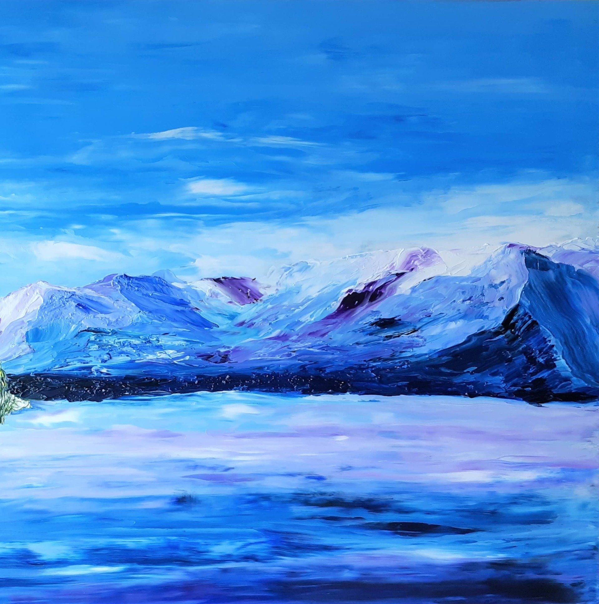 Summer Sky is an Oil on Masonite 16 in. x 15 in. Summer sky is really all about the mountain. The peeks and slopes go from white to blue to purple and back again. Creating an all-encompassing mountain scens. This is in direct contrast to the blue sky that has a hint of cloud. The water reflects the mountain and has a hint of movement.