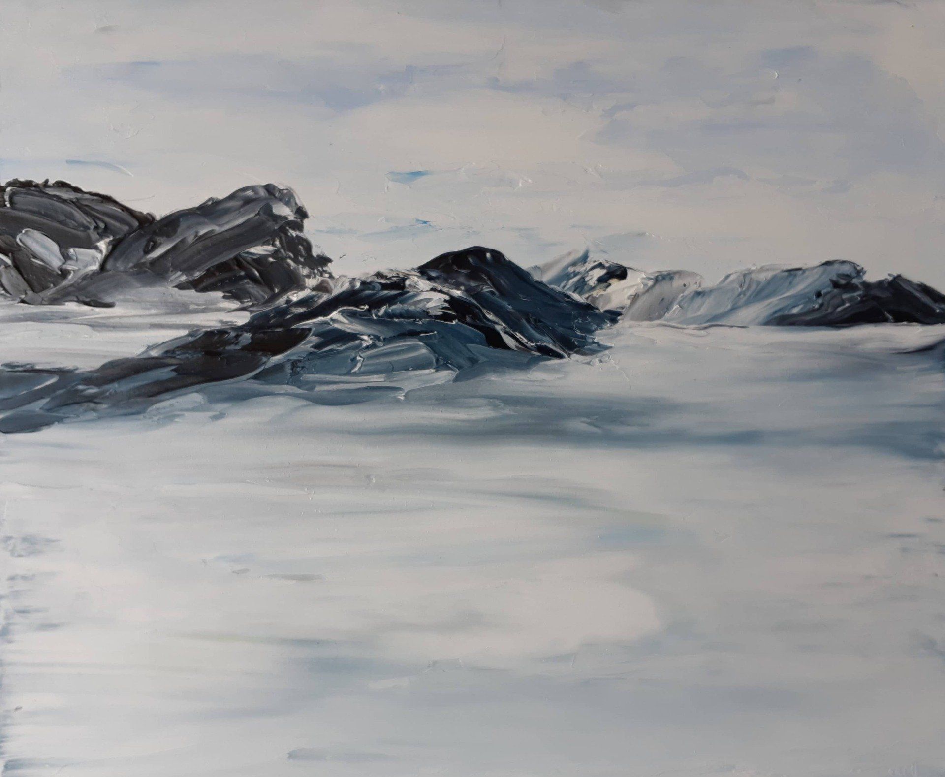The Sound of the Mountain (this piece is number 1) collection was my third collection. They are mostly Oil on Masonite. This piece is 12 in. x 10 in. The pallet is white, cerulean or cobalt blue, indigo, black, and in some paintings hints of Prussian blue. The best way to characterize the Sound of the mountain collection is one that brings the collector to sensing that the mountain or mountain range is floating in its environment and in time. You almost want to pick up the mountain and move it to a space where you can enjoy it, always. They are often described as moody yet very calming.