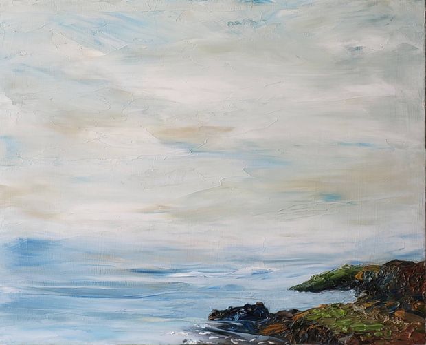 A painting of a small island in the middle of the ocean
