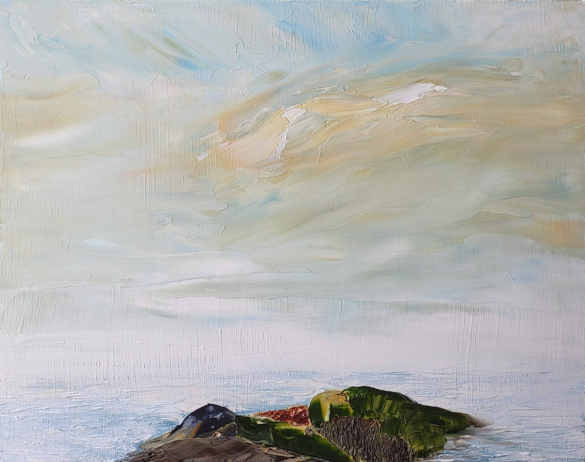 This is an oil on Masonite 10 in. x 8 in. When you arrive you notice the vegetation and the earth tone rocky shoreline with the gentle sloping vegetative mountains that look out to the horizon . The sky is a subtle blend of blue, Naples Yellow, white, and a touch of buff white. Subtle hints of a pale green in the sky is due to the blending of the Naples Yellow and the blue.