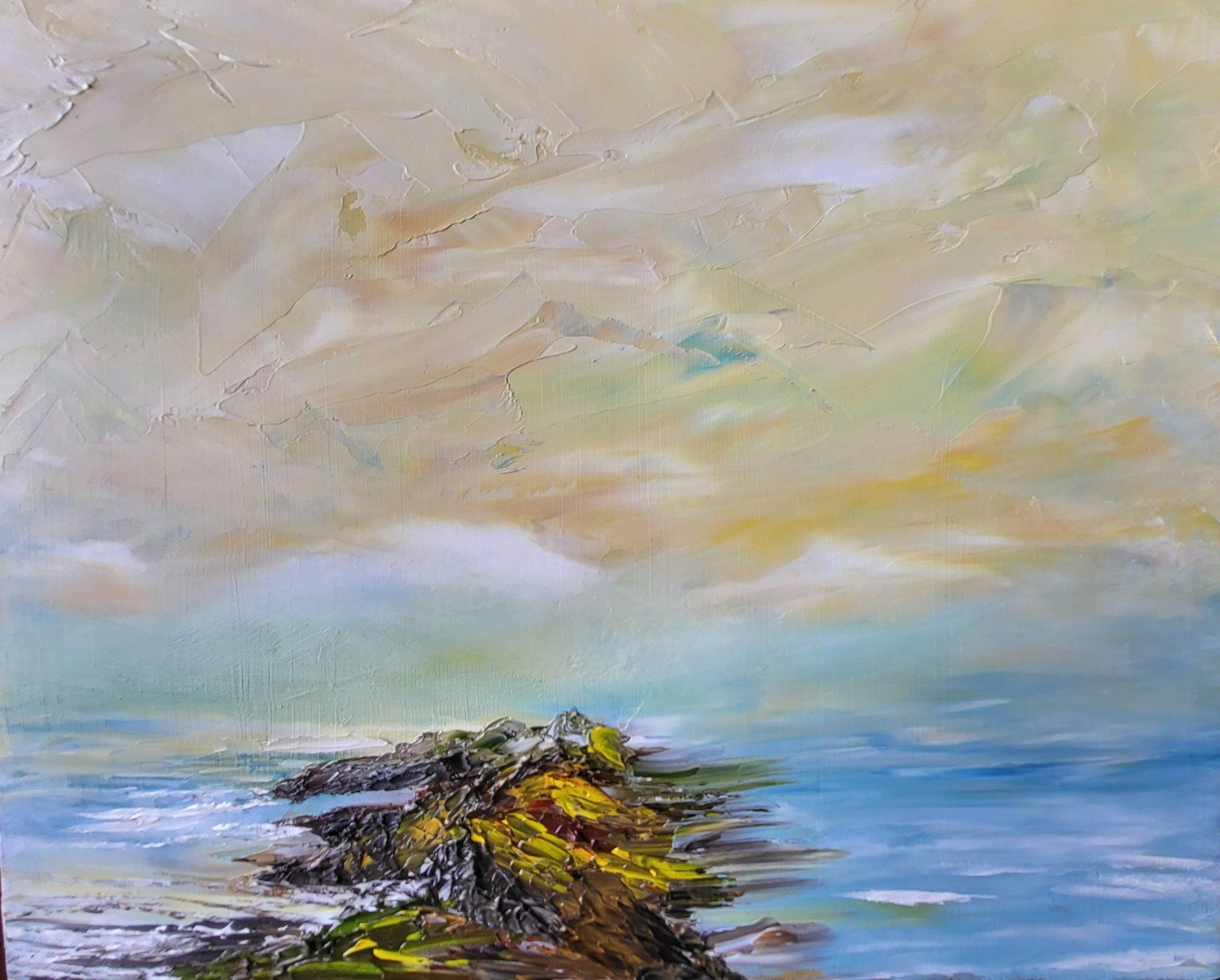 In Private Collection This 10 in. x 8 in. oil on Masonite is another in the collection Island Just for you. This off-centre island extends from the bottom of the Masonite straight to the horizon. The sky appears to be angry with the Naples Yellow, white, blue, and Buff White seemingly moving in quick motion. Yet, on the horizon there is a peaceful cloudless sky.