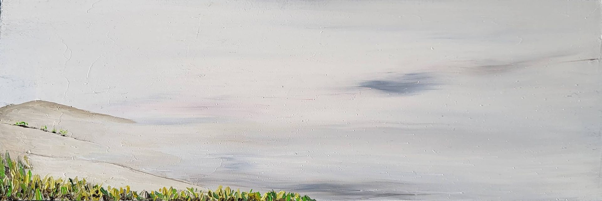 I painted this piece thinking about a dune's particular kind of memory, or rather its absence of one. Wind reshapes it constantly, and yet it remains recognisably itself, holding its form without holding its history. That felt close to something I keep returning to in my work: what persists beneath constant change, and what simply exists without needing to account for itself.
The sky here asks little of the eye, a pale expanse where light and weather blur rather than announce themselves. Against that stillness, the dune rises softly from the left, its edge allowed to blur between sand and mist rather than meet at a hard line.
Foliage gathers at the base and climbs the slope in scattered, deliberate strokes, a small persistence of life against so much quiet. This piece sits within a body of work built on close observation and patient mark-making, where restraint carries more than colour ever could on its own.
