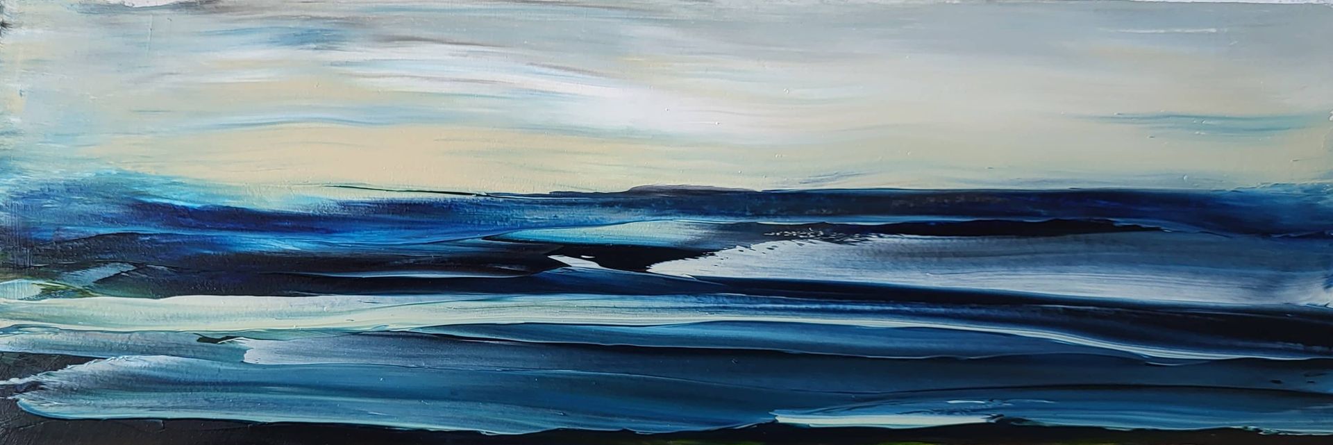 As a study in texture and the expressive potential of the palette knife, this piece is quite compelling. The horizontal strokes, applied with varying pressure and direction, effectively evoke the movement and fluidity of water. The layering of blues, from deep indigo to lighter cerulean, creates a sense of depth and visual interest within the limited format. The occasional hints of lighter pigment breaking through the darker tones suggest the play of light on the surface, adding a dynamic quality.
The composition, while simple, feels balanced. The implied horizon line, though somewhat ambiguous, provides a grounding element for the energetic brushwork below. The subtle variations in the sky area, with its muted creams and greys, offer a quiet contrast to the more active lower portion of the painting.
