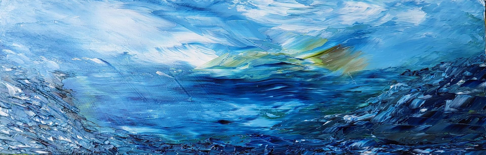 #O-76 Oil on Masonite 9 in. x 3 in. This is a framed miniature. The richness of the blues of the foreground add a sense of drama to the sky and the hint of a mountain in the background.