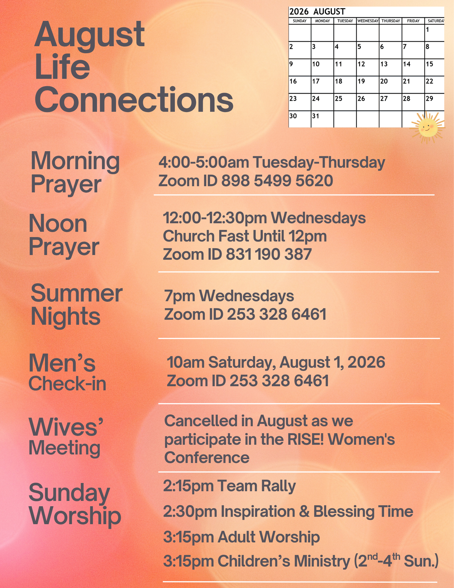 April Life Connections schedule with Zoom meetings and Sunday worship times.