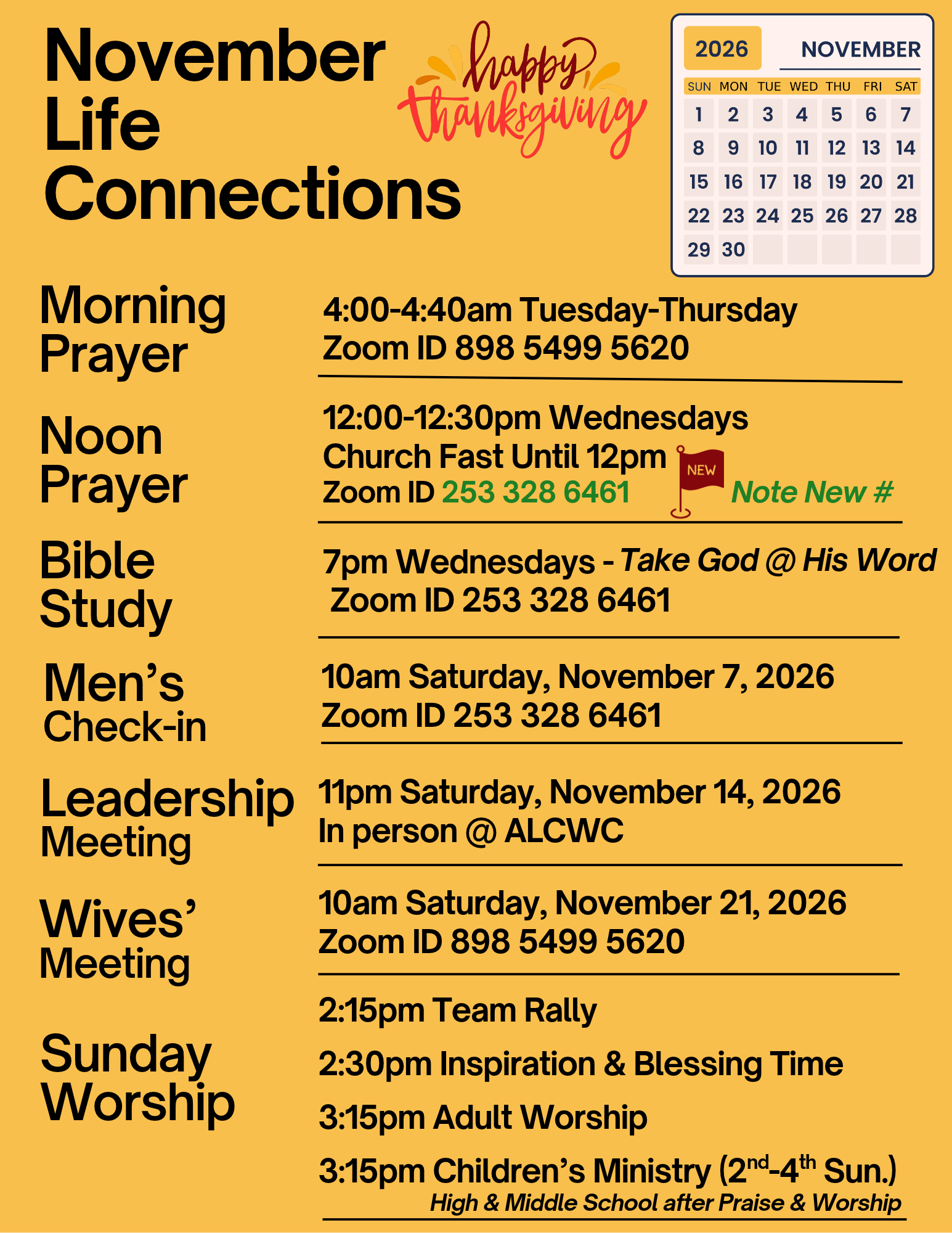 Orange church flyer listing November life connections, prayer, Bible study, meetings, and Sunday worship times.