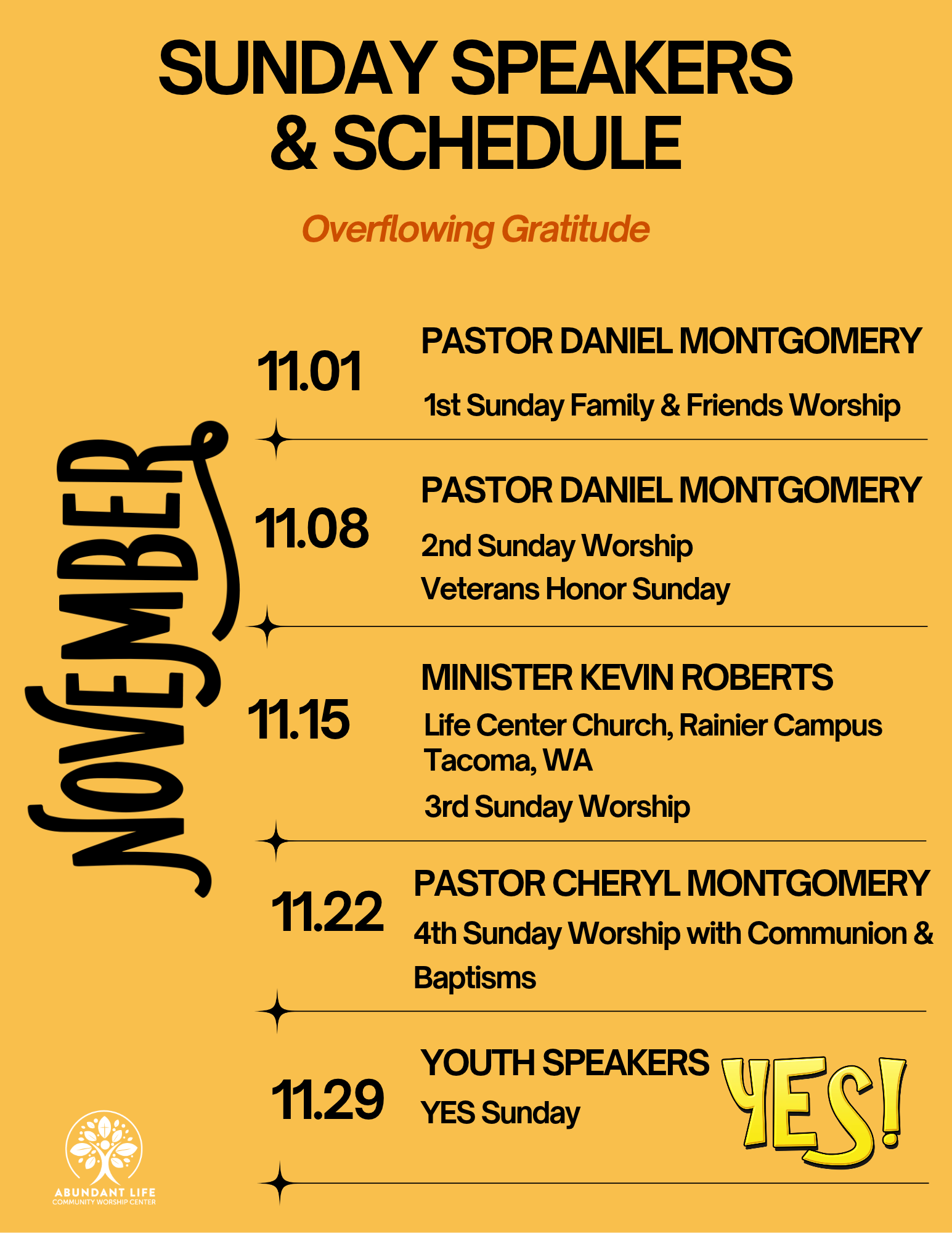 Yellow church flyer: Sunday speakers and worship schedule with dates, names, and service times.