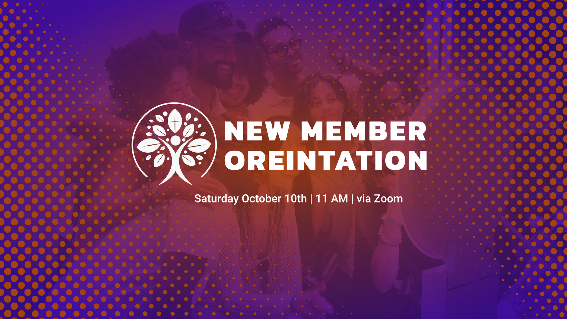 New Member Orientation flyer with white text on a purple-orange sunset background and tree logo