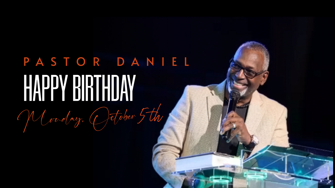 Happy Birthday message with a smiling pastor holding a microphone at a lectern on a black background