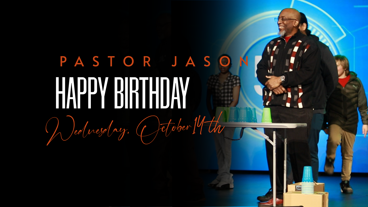 Happy Birthday message with a smiling pastor holding a microphone at a lectern on a black background
