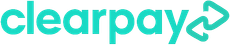 Click here to apply for Clearpay The ClearPay logo in turquoise with a double arrow symbol to the right.
