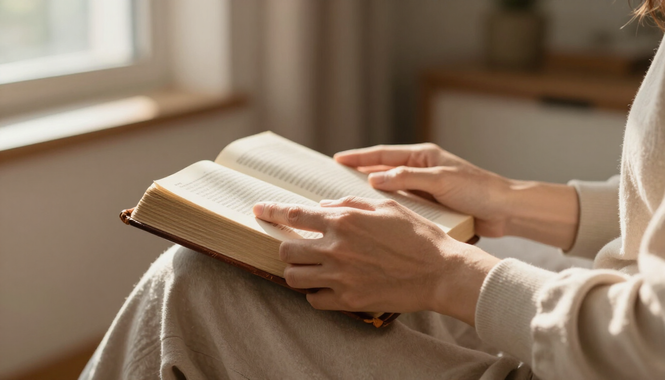 Person praying with a bible in the morning light
