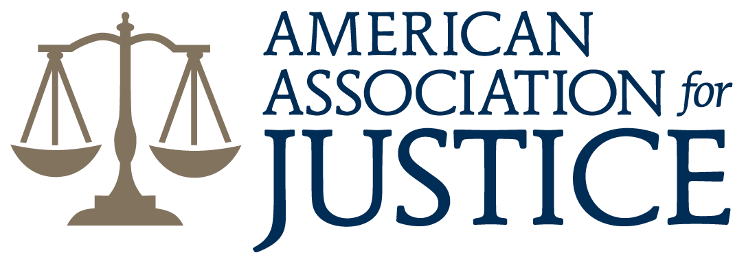 The logo for the american association for justice has a scale of justice on it.