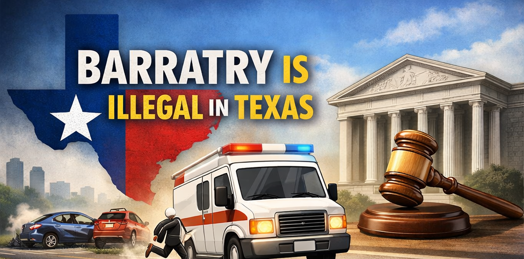 Ambulance in the foreground, a gavel and courthouse to the right; at the top is the state of Texas a