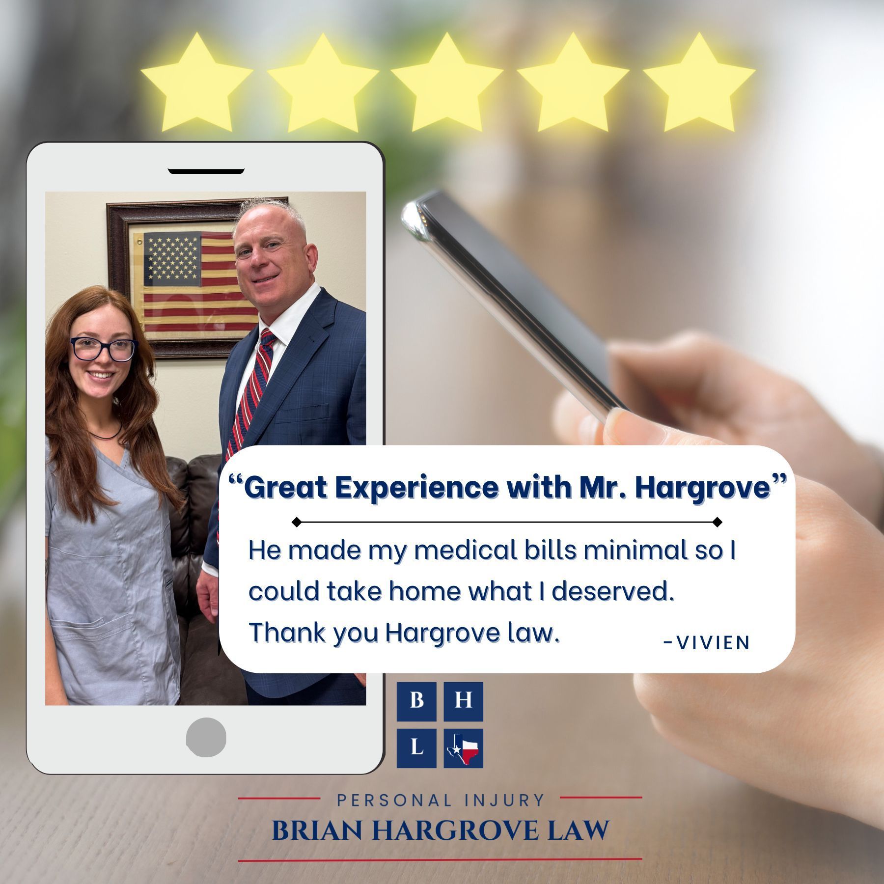 Picture of attorney Brian Hargrove with client; there are 5 gold stars at the top of the image, and also the words