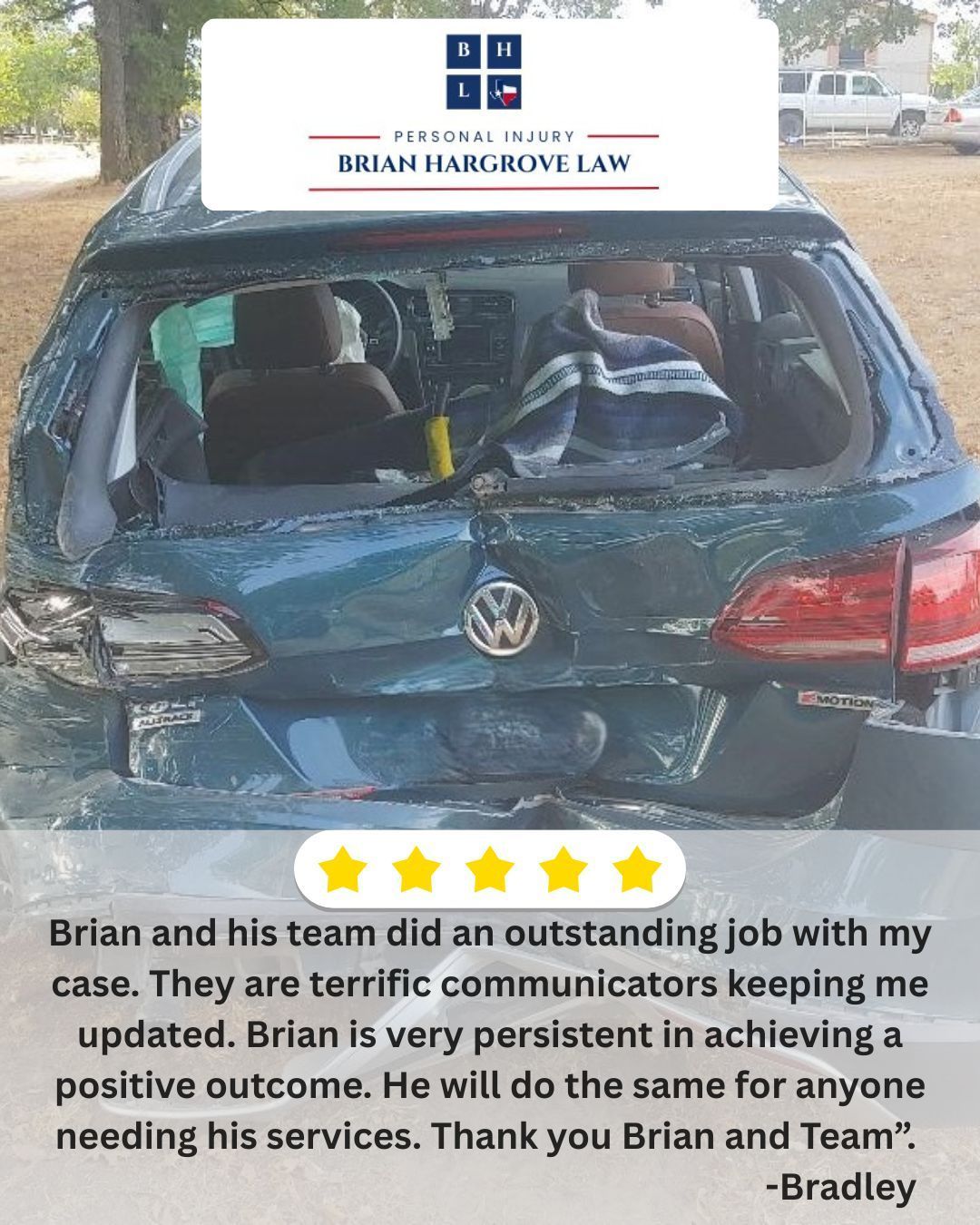 A Volkswagen's rear end and windshield are smashed up by a speeding 18-wheeler on Highway 199 in Reno, TX.