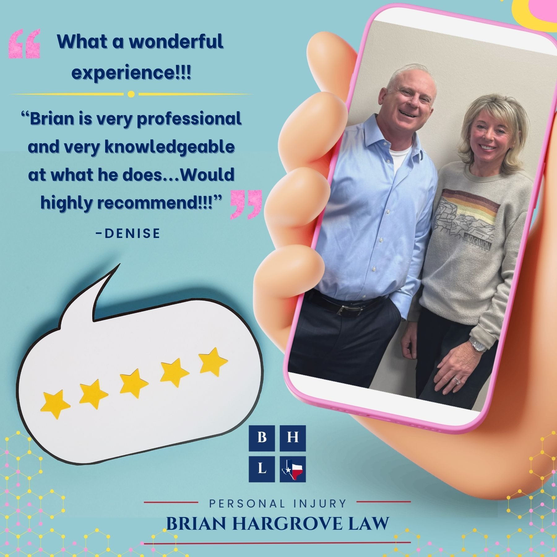 Attorney Brian Hargrove and his happy client stand next to each other smiling in a photo. The law firm logo is below them, and to the left is a five star review about her experience working with Brian after being in a trucking accident.