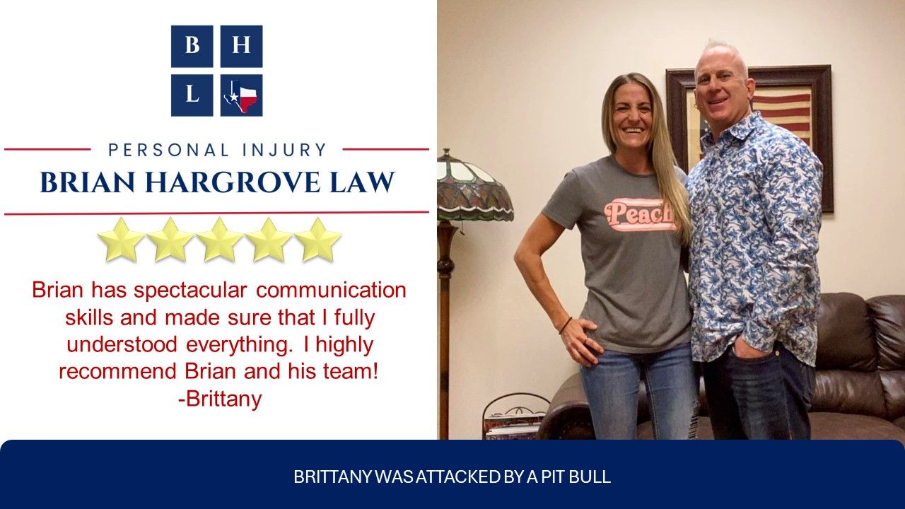 Attorney Brian Hargrove and his happy client standing next to one another smiling. The law firm logo is to the left of them, along with a five star review from the client who was a victim of a dog attack.