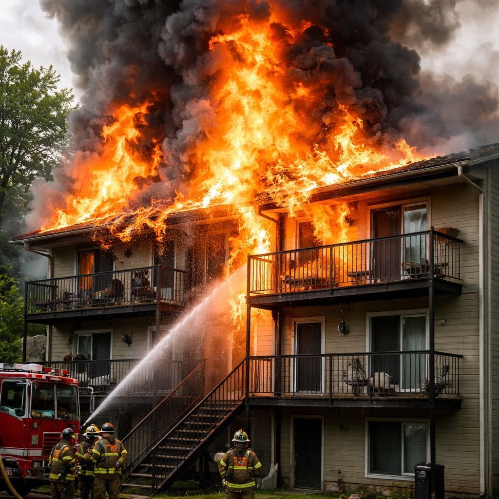 A three-story apartment building is ablaze with large flames rising through roof. 