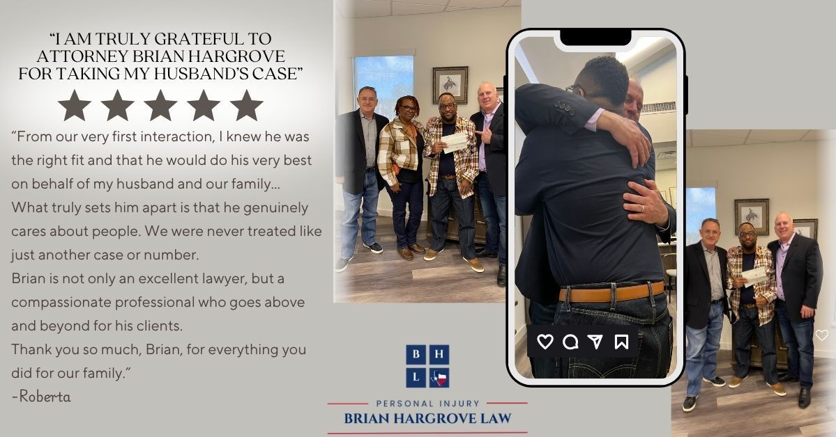 A collage of photos with burn injury attorney Brian Hargrove and his happy client standing next to one another, smiling and hugging. The law firm logo is below them, and to the left is a five star review from the client. 