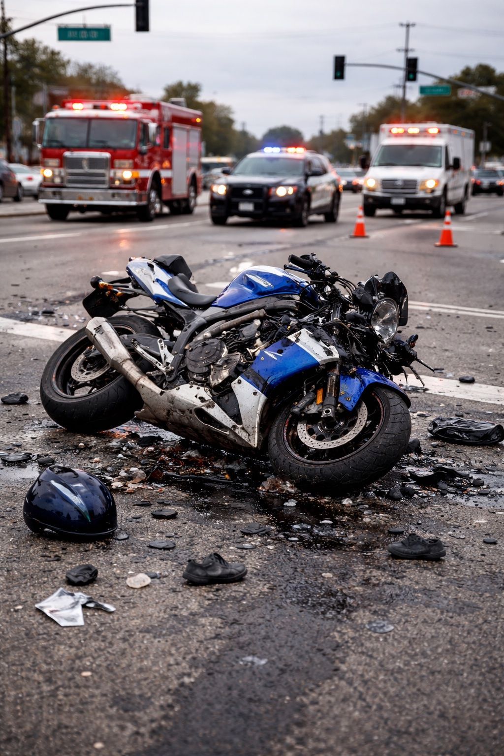 Close up of a sporty blue and white motorcycle after crashing in an intersection, emergency vehicles are in the background.
