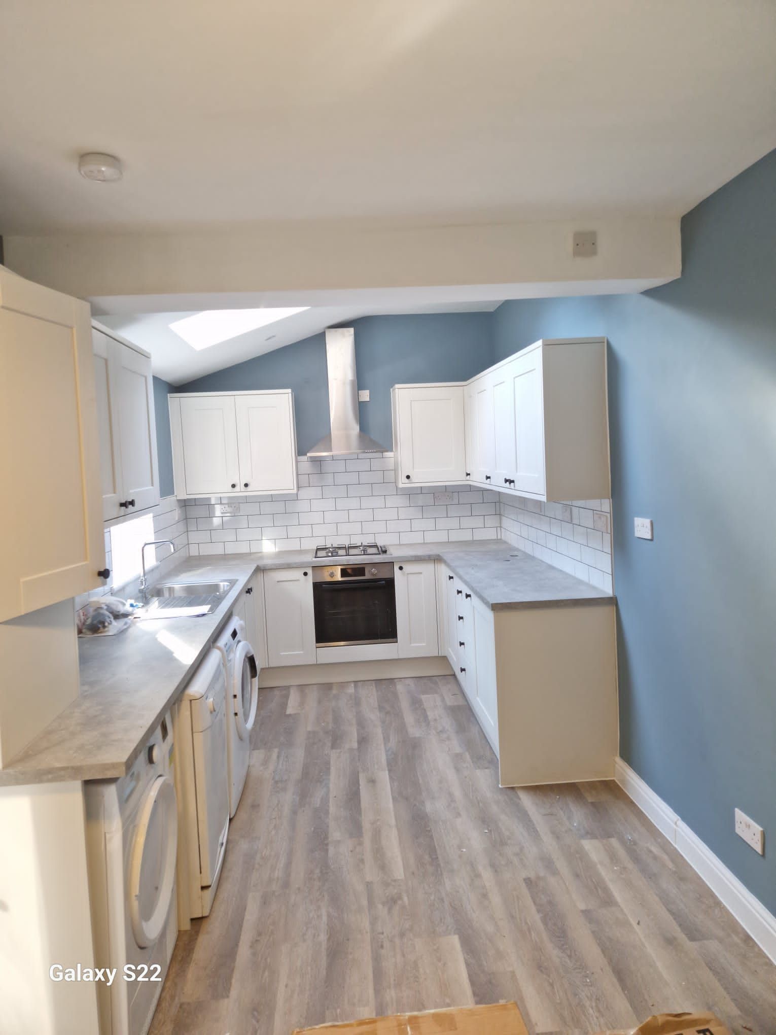 A picture of a kitchen painted baby blue on a property in Manchester by Elite Edge Painters and Decorators Manchester
