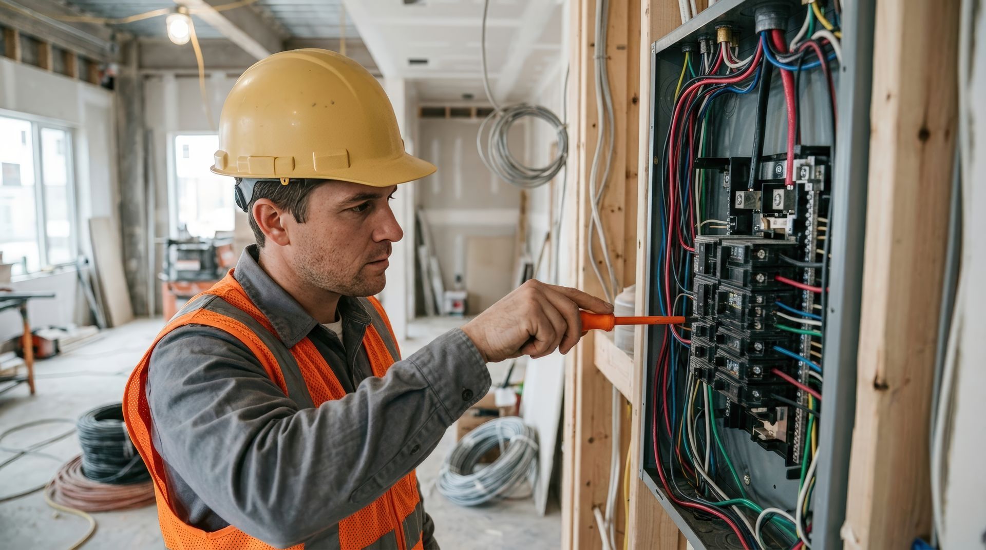 Electrician in a hard hat wiring a breaker panel, daily work for commercial electrical contractors.