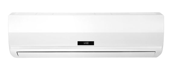 A white air conditioner is hanging on a wall on a white background. A white air conditioner is hanging on a wall on a white background.