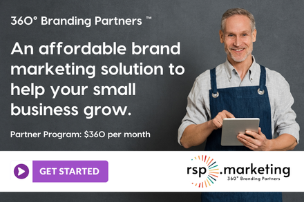 A man in a denim apron uses a tablet next to text for RSP.Marketing's 360° Branding Partners, an affordable small business marketing tool.