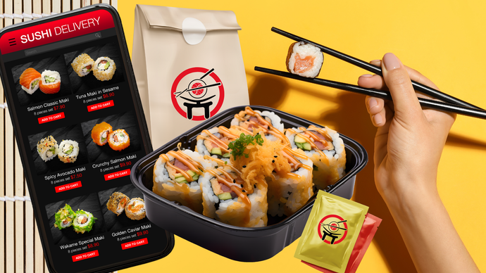A sushi delivery app on a smartphone, a takeout bag, a container of sushi rolls, and chopsticks holding a piece of sushi.
