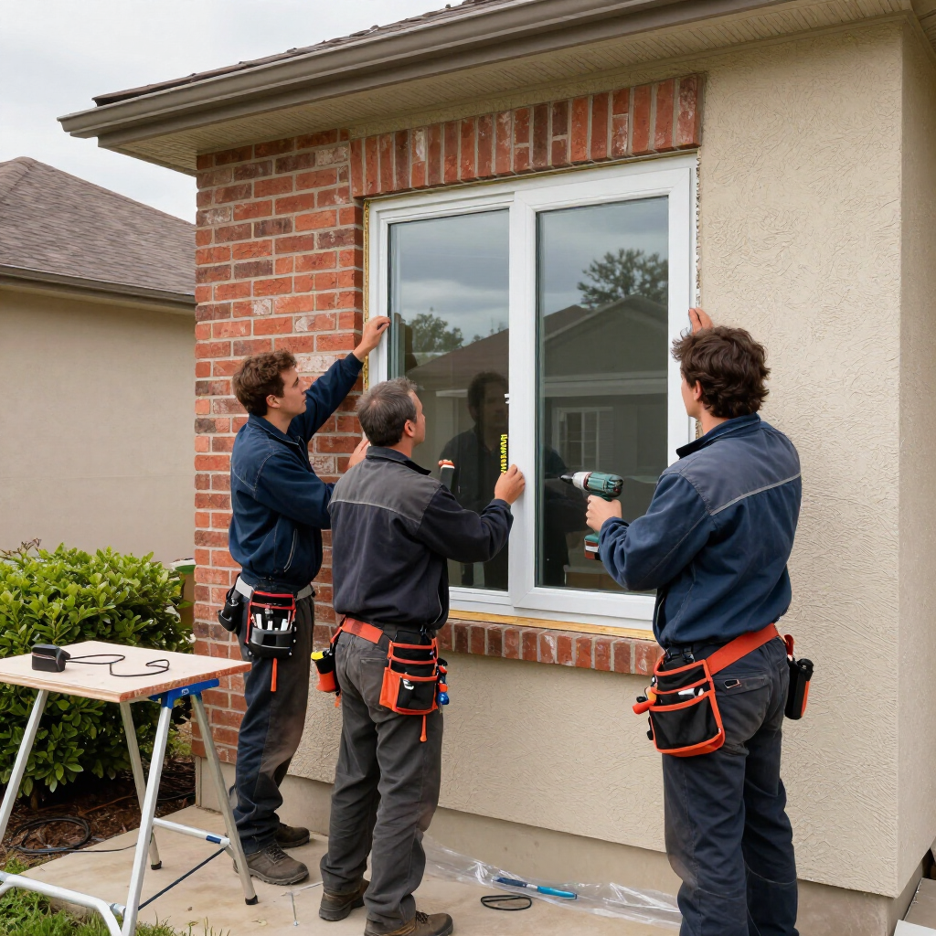 Three workers install a window on a house exterior, using tools on a ladder and platform.