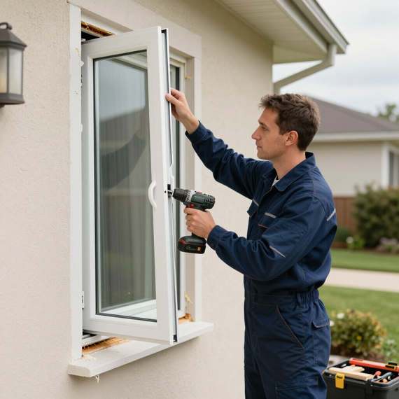 Worker installing a white window frame on a house exterior with a power drill