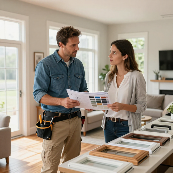 Two people reviewing paint swatches beside framed samples in a bright room